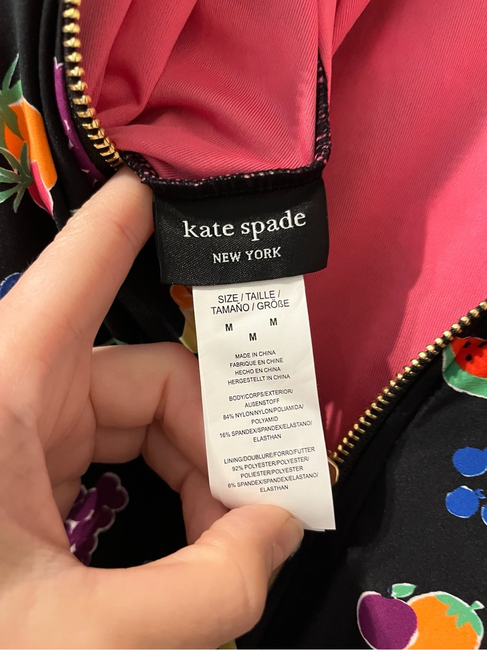 Kate Spade Fruit Print Long Sleeve One Piece Swimsuit NWT Gold Back Zipper Sz M - Picture 2 of 10